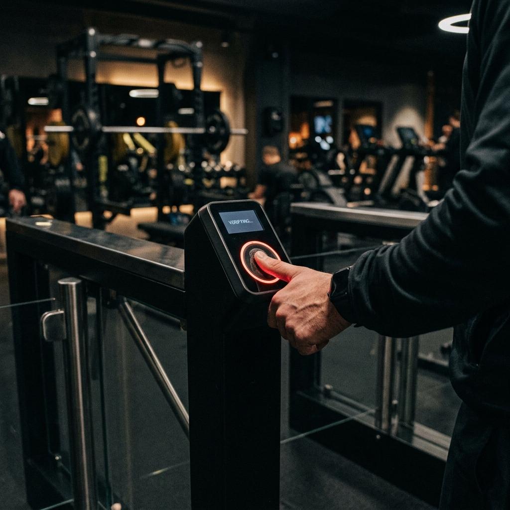Person pressing finger on biometric fingerprint scanner device at gym entrance