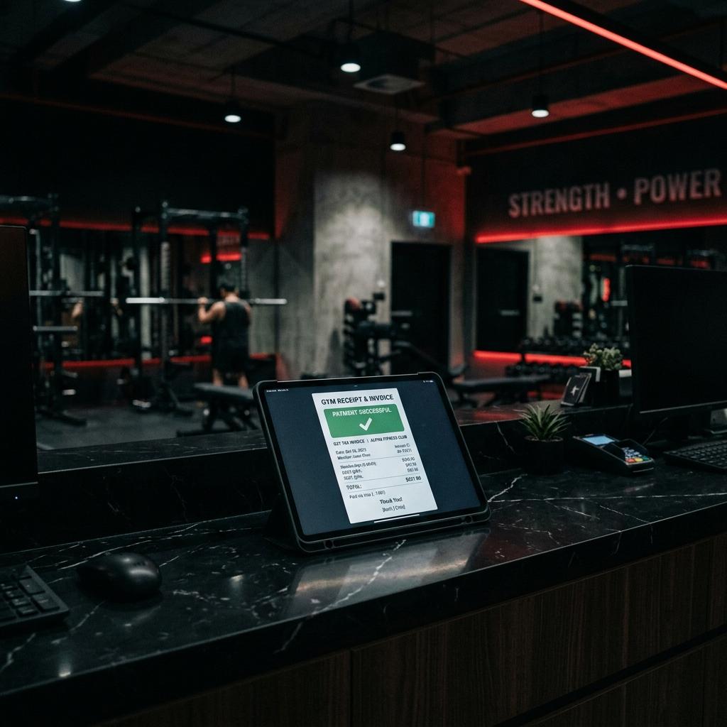 Tablet displaying GST tax invoice receipt at gym front desk