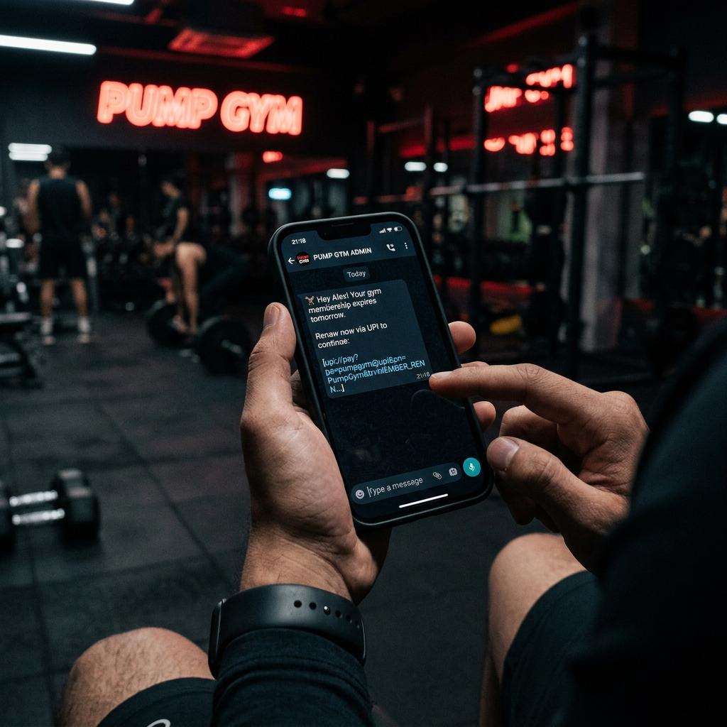 Person holding smartphone showing WhatsApp gym membership renewal notification